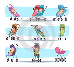 Kids in strollers. Happy kids walking in comfortable strollers exact vector pictures set