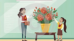 Kids student giving bouquet of flowers to her teacher, Flat simple illustration for happy teacher\'s day.