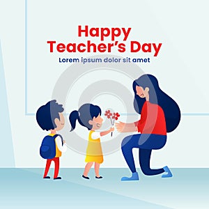 Kids student giving flower to her teacher flat illustration for happy teacher`s day background poster concept. Modern flat style