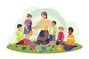 Kids study gardening in kindergarten vector banner