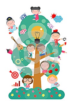 Kids studying on tree with different education object,School tree of knowledge and children education, Flat style vector