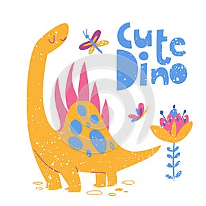 Kids style poster with cute Dinosaur stegosaurus and lettering.