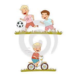 Kids summer activities set. Happy children playing ball and riding bike cartoon vector illustration
