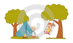 Kids summer activities set. Happy children roasting marshmallow and swinging on swing cartoon vector illustration