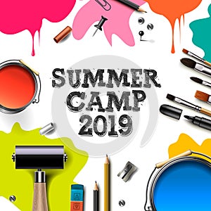 Kids summer Camp 2019, education, creativity art concept. Banner or poster with white background, hand drawn letters