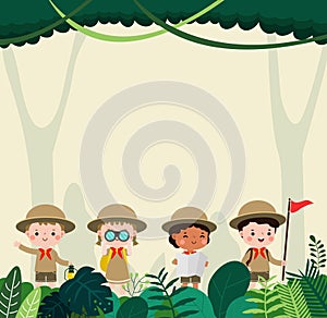 kids summer camp background education Banner Template,group of kids Scouts goes on a long walk in the forest