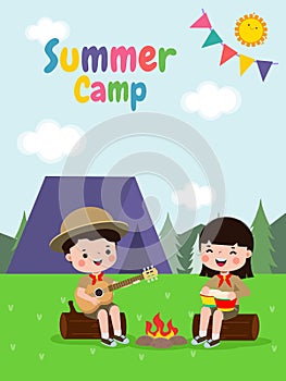 kids summer camp background education Banner Template, kids sitting on a log and playing guitar and bongo drums