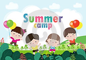 Kids summer camp background education Template for advertising brochure or poster, happy children doing activities on camping