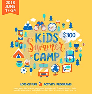 Kids Summer camp with a lot of camping equipment.