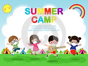 Kids summer camp for new normal lifestyle concept Template for advertising brochure or poster, kids wearing a surgical protective