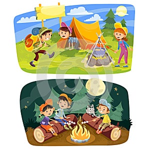 Kids summer camping vector concept illustration