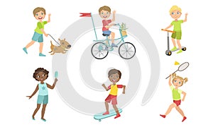Kids Summer Outdoor Activities Set, Cute Boys and Girls Walking with Dog, Eating Ice Cream, Doing Sports Vector
