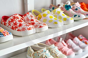 kids summer shoes with fun patterns on shelf