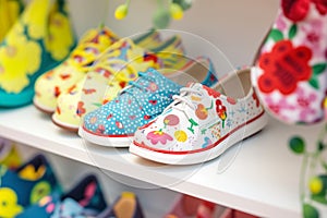 kids summer shoes with fun patterns on shelf