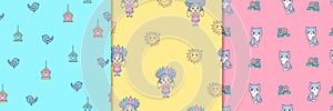 Kids summer sketches seamless pattern. Blue bird with pink birdhouse with heart Indian girl.