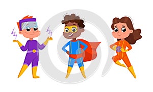 Kids superheroes set. Brave boy and girl wearing colorful comics costumes cartoon vector illustration
