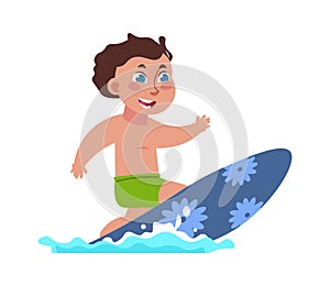 Kids surfing. Boy riding board on waves. Extreme water sport. Active pastime at beach. Entertainment and leisure