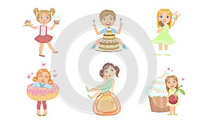 Kids with Sweet Desserts Set, Happy Boys and Girls Eating Cake, Candies, Ice Cream, Donut Vector Illustration