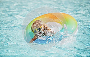 Kids swimming pool. Boy at aquapark. Summer weekend. Summertime vacation.