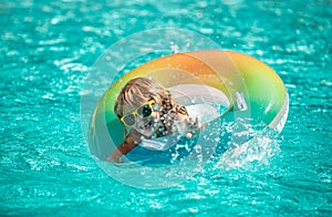 Kids swimming pool. Boy at aquapark. Summer weekend. Summertime vacation.