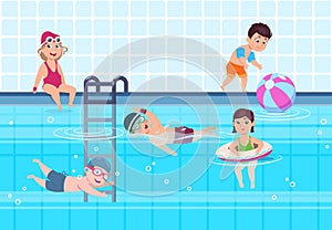 Kids in swimming pool. Boys and girls in swimwear play and swim in water. Happy childhood vector summer concept