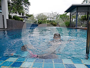 Kids swimming at the swimming pool.