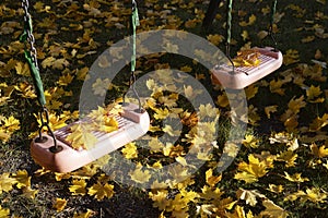 kids swing in the yard in autumn covered with autumn yellow leaves