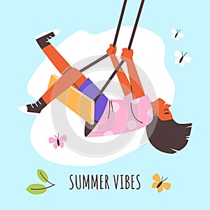 Kids on swings enjoying summer. Vector illustration