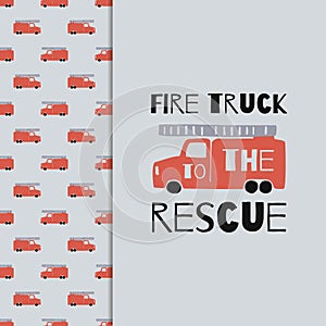 Kids t-shirt print vectors Fire Truck. Vector boys t shirt graphics in Doodle Style