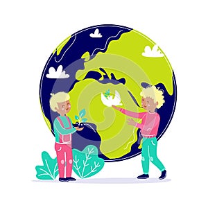 Kids take care about Earth. Children protect planet. Ecology environment attention concept with child globe. Vector