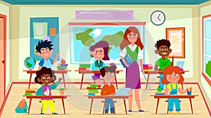 Kids and teacher in classroom. School pedagogue teaches lesson to pupil group in class interior. Education cartoon