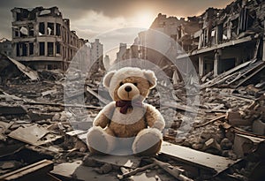 kids teddy bear in post-war city