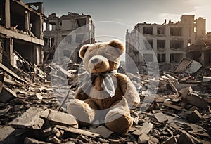 kids teddy bear in post-war city