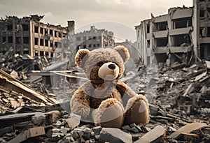kids teddy bear in post-war city