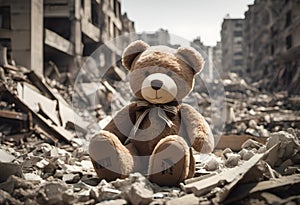 kids teddy bear in post-war city