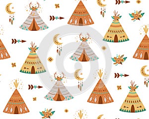 Kids teepee pattern. Adventure baby wigwam pattern. Cute boho background with tent, arrows, teepee wig wam, moon