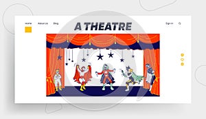 Kids Theatre Performance Website Landing Page. Children Actors in Super Hero Costumes Perform Fairy-Tale on Stage