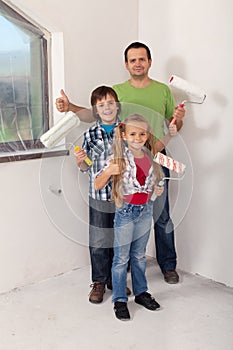 Kids with their father preparing to paint the room