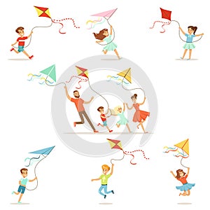 Kids and their parents running with kite happy and smiling. Cartoon detailed colorful Illustrations