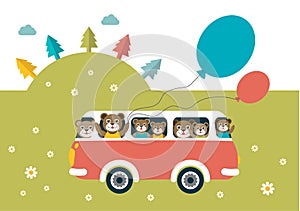 Kids theme. Bus with happy bears.