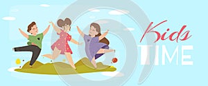 Kids Time Banner. Cheerful Boy and Girls Jumping