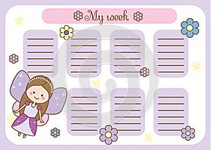 Kids timetable with cute fairy character. Weekly planner for children girls. School schedule design template