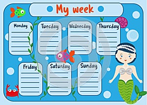 Kids timetable with cute mermaid character. Weekly planner for children girls. School schedule design template