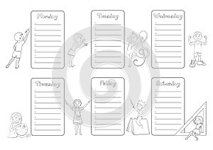 Kids timetable weekly planner coloring page vector