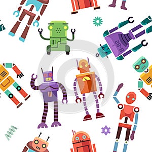 Kids toy robot, humanoid, spaceman, cyborg vector seamless pattern