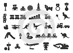 Kids toy silhouettes, Children toys silhouette, Baby toy silhouettes, Toys silhouette icon set