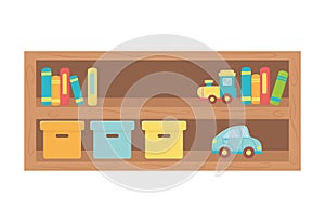 Kids toy, wooden shelf with boxes books and toys