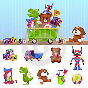 Kids toys box. Children toy container with playing blocks cars house and beer isolated vector cartoon set