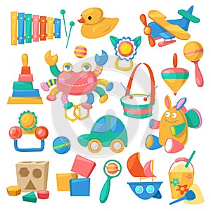 Kids toys cartoon games for children in playroom and playing with duck car or colorful blocks illustration set isolated