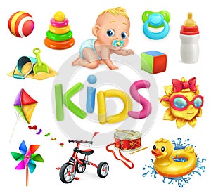 Kids and toys. Children playground, vector icons set